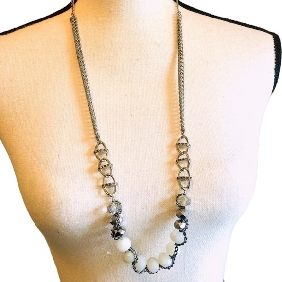 Statement Necklace Mixed Bead Links and Chain Silvertone and Ivory White - Picture 1 of 15
